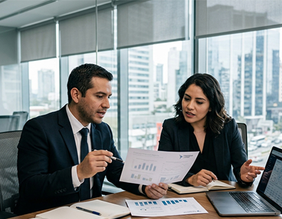 Ejecutivos en sala de juntas revisando reportes, entorno corporativo de aseguradora o EPS