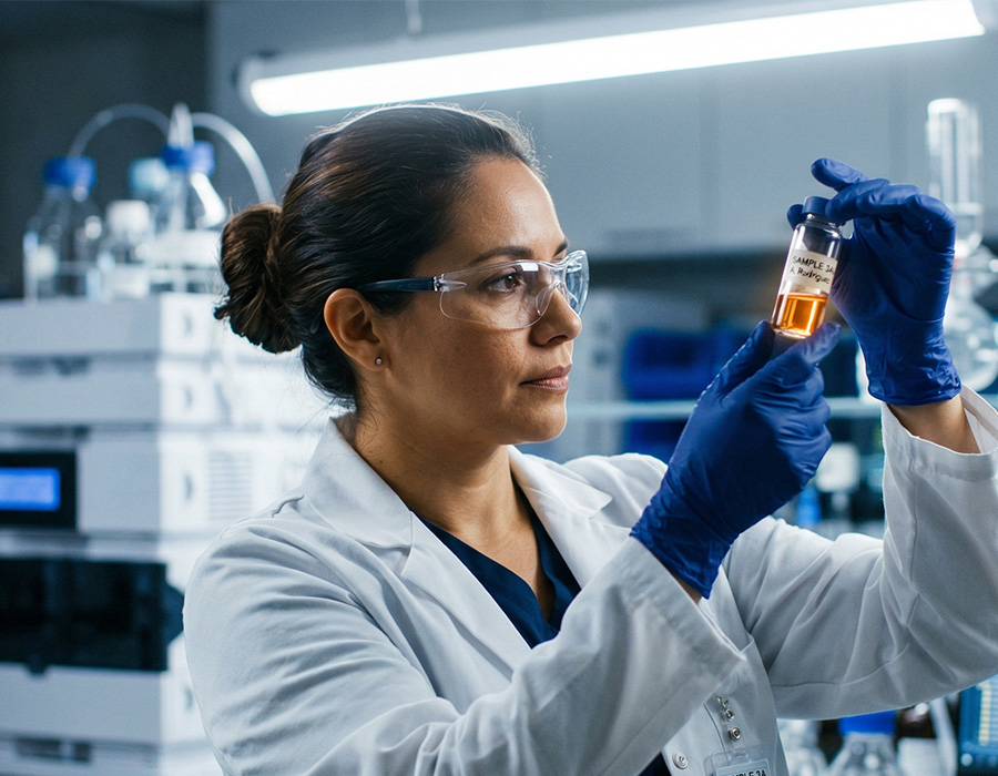 Investigador con bata blanca en laboratorio farmacéutico moderno