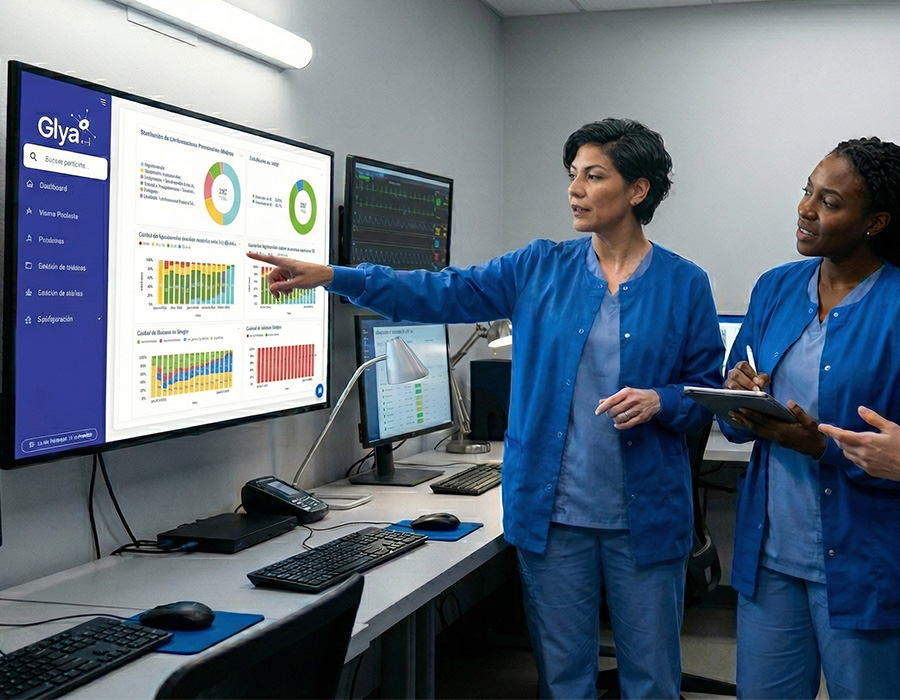 Equipo de enfermería trabajando en sala de monitoreo con múltiples pantallas en IPS