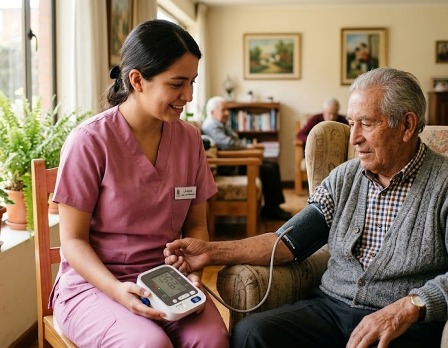 Auxiliar de enfermería joven ayudando afectuosamente a adulto mayor en residencia