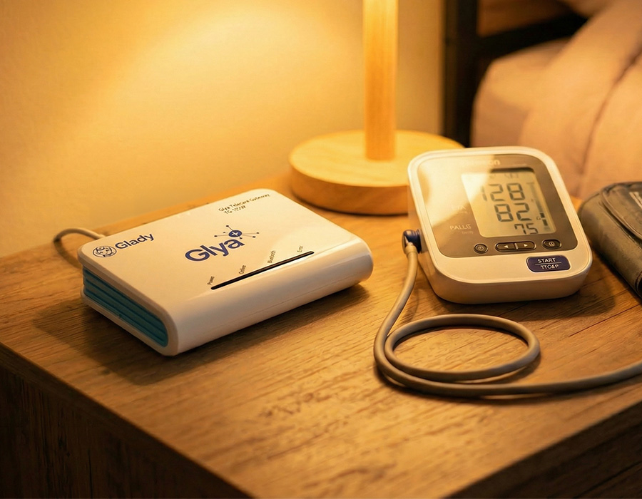 Módem IoT Glya sobre mesa de noche junto a tensiómetro bluetooth, en habitación hogareña con luz cálida