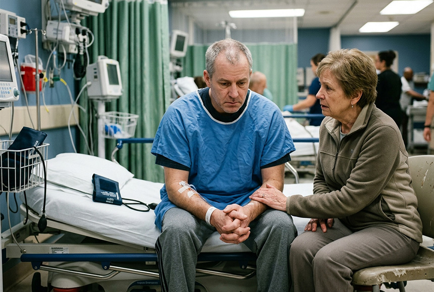 Cama de hospital vacía con suero, pasillo de urgencias desenfocado al fondo