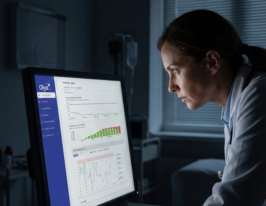 Enfermera con bata blanca revisando dashboard PXM en tablet