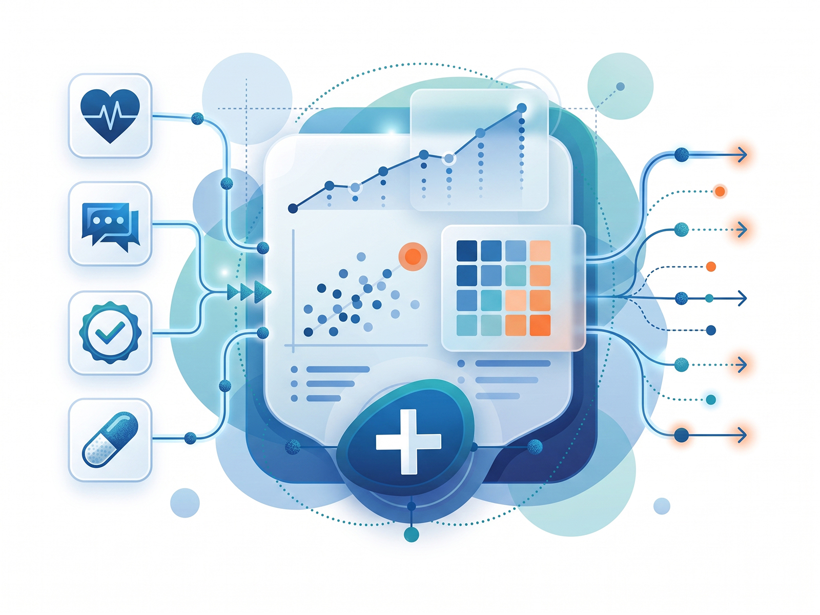 Ilustración del análisis clínico: dashboard recibiendo flujos de signos, síntomas, adherencia y efectividad