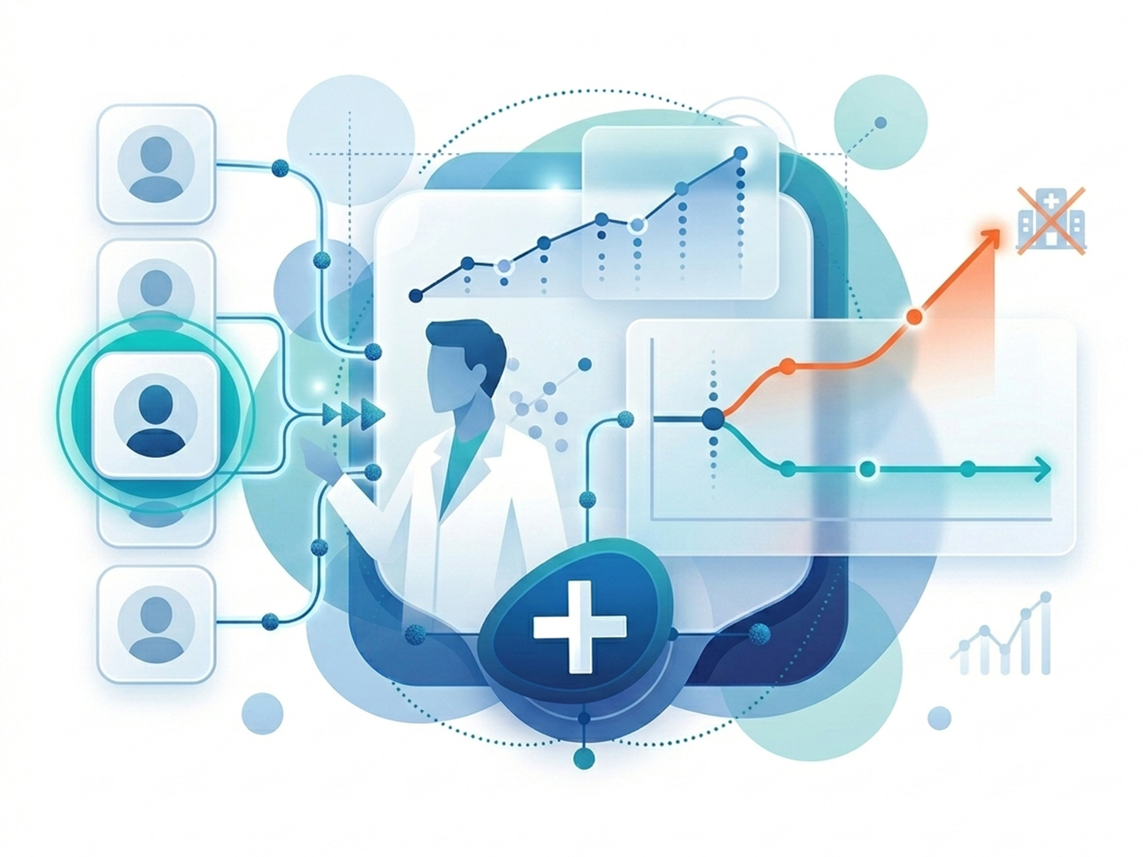 Ilustración de priorización clínica: lista estratificada de pacientes y curva predictiva de desenlaces