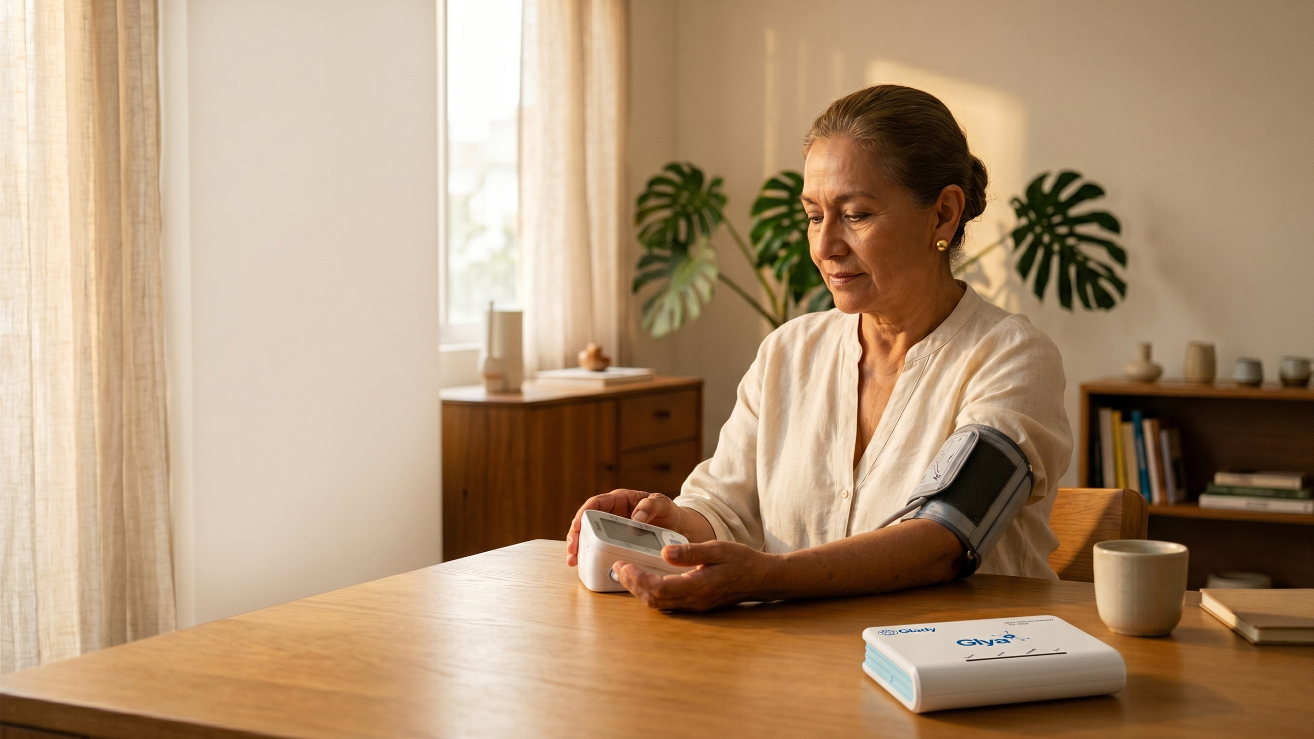 Paciente crónica midiendo su tensión arterial en su hogar