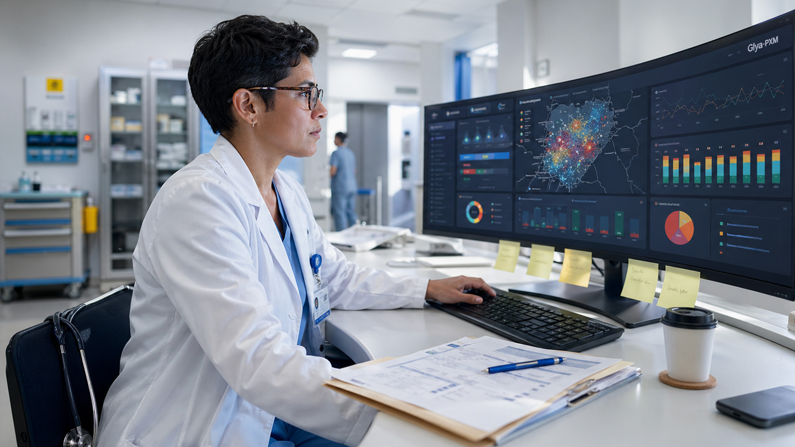 Profesional clínico revisando dashboard de gestión poblacional en Glya PXM