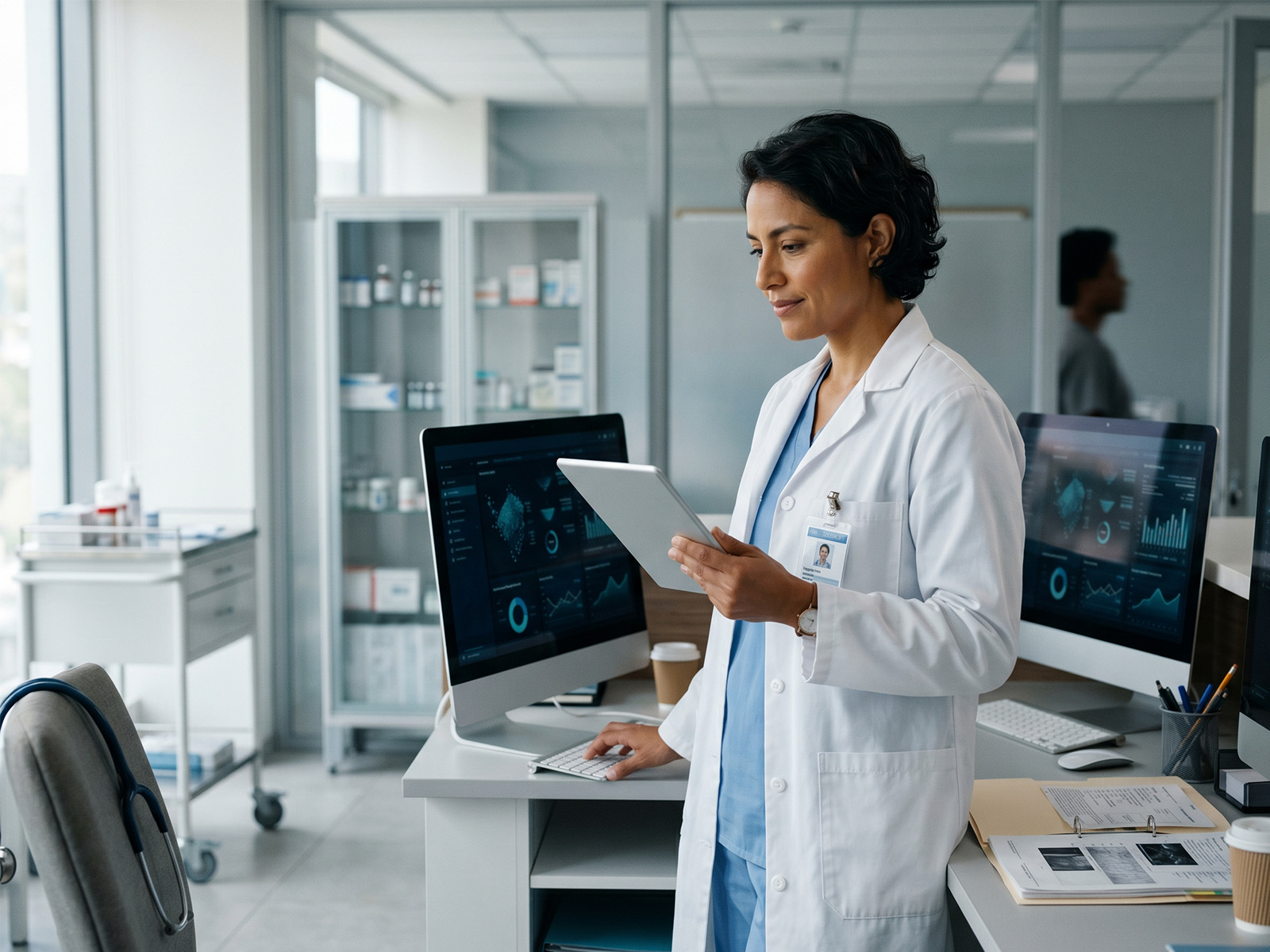 Director médico de farmacéutica revisando tablet con evidencia de mundo real
