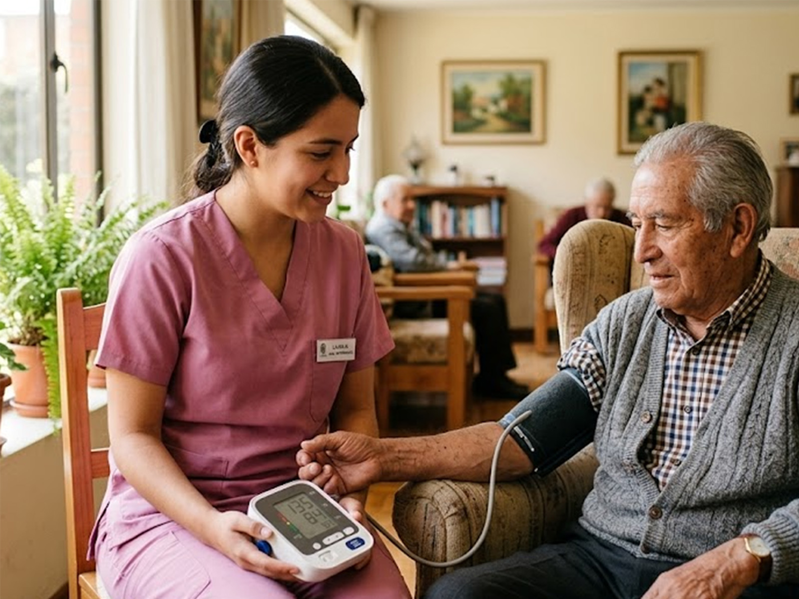 Directora de senior living en área común de residencia moderna