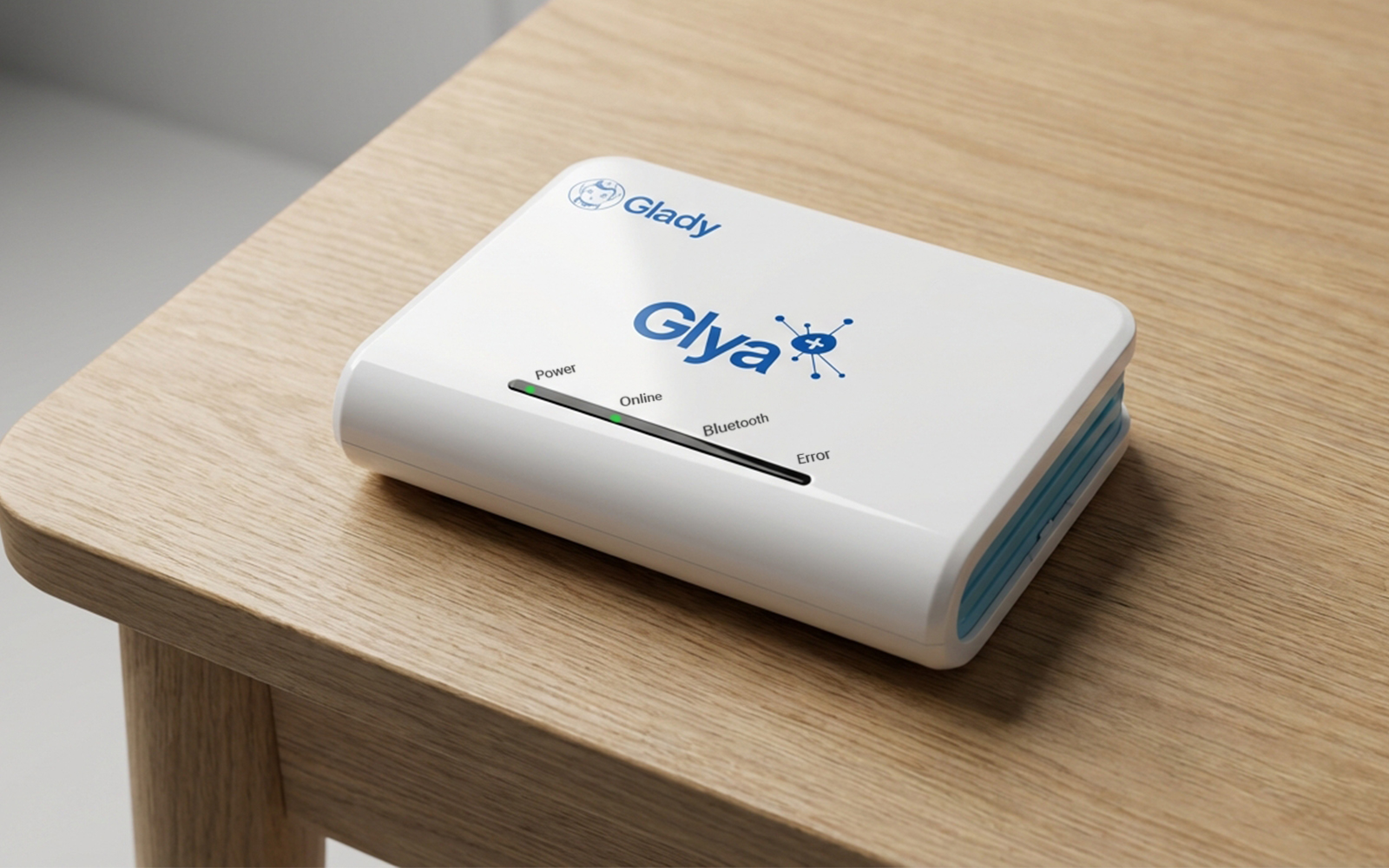 Módem Glya IoT con LED encendido sobre fondo neutro