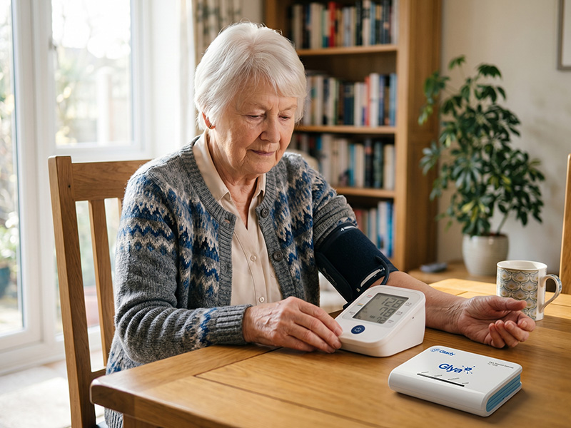 Adulto mayor tomándose la presión en casa