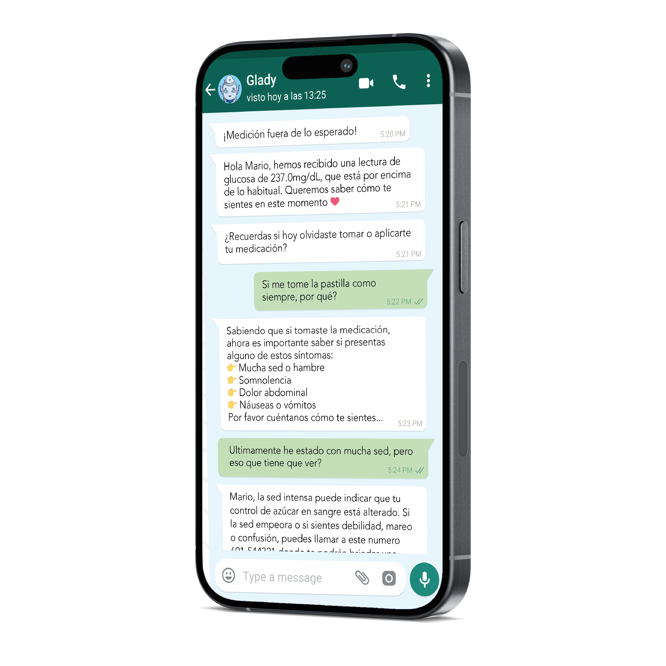 Conversación de WhatsApp con Glady, la asistente de Glya