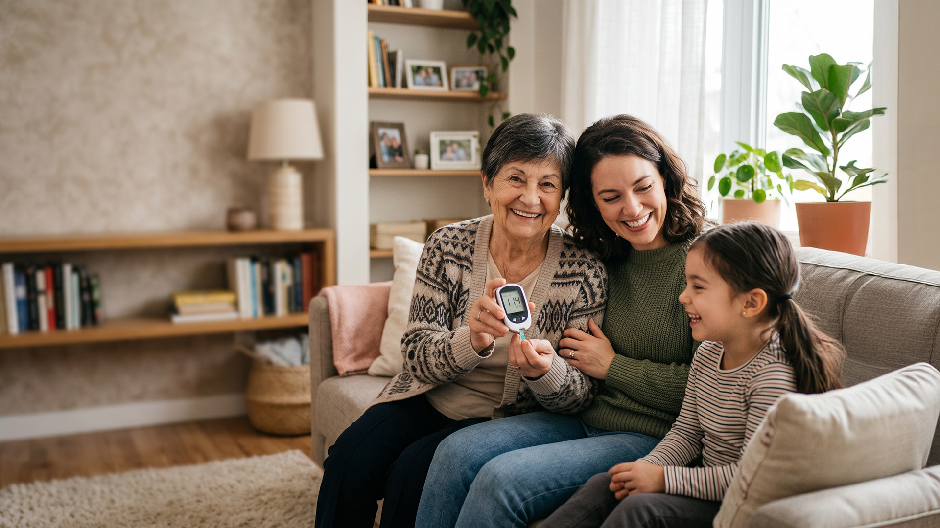Familia feliz en casa, adulto mayor con su familiar