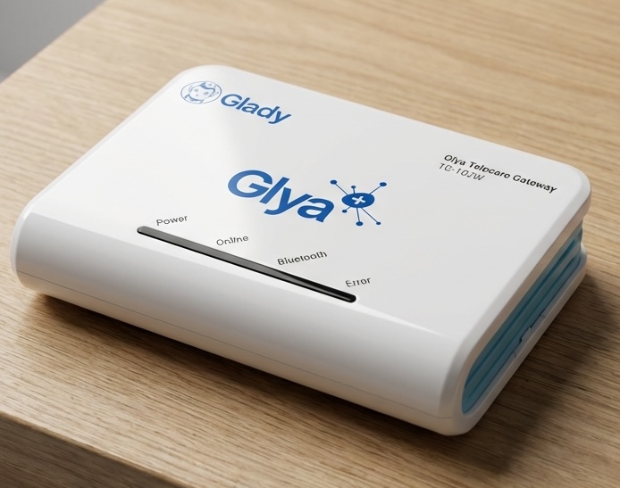Módem IoT Glya conectado a tensiómetro bluetooth en mesa de noche