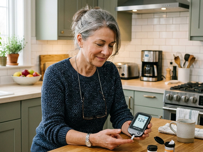 Paciente crónico midiendo glucosa en su hogar