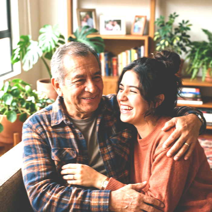 Familia con adulto mayor, felices y tranquilos en casa