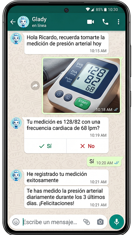 Conversación de WhatsApp con Glady mostrando registro de presión arterial